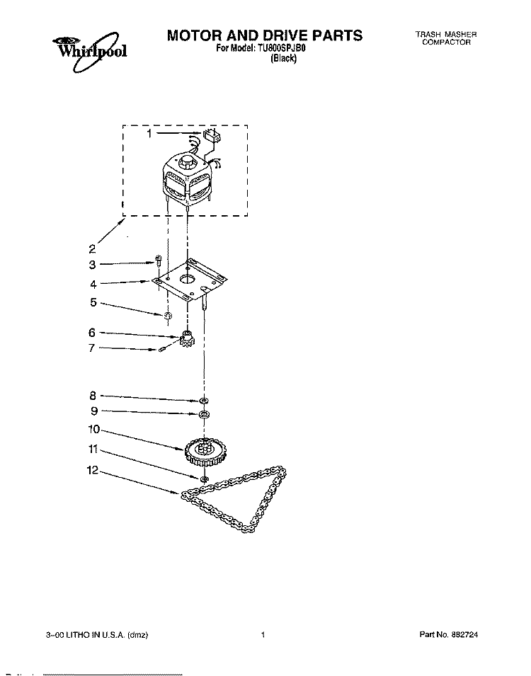 MOTOR AND DRIVE, LITERATURE Diagram and Parts List for TU800SPJB0  Whirlpool Trash Compactor