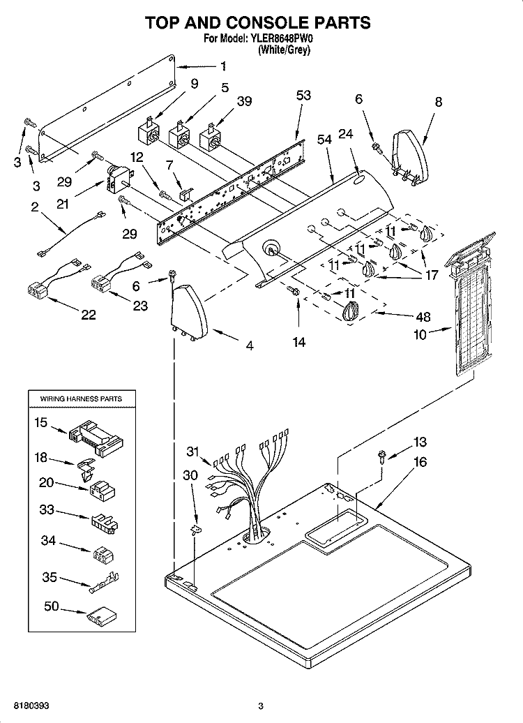 TOP AND CONSOLE PARTS Diagram and Parts List for YLER8648PW0  Whirlpool Dryer