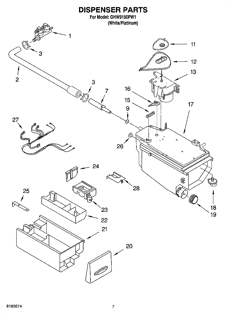 DISPENSER PARTS Diagram and Parts List for GHW9150PW1  Whirlpool Washer
