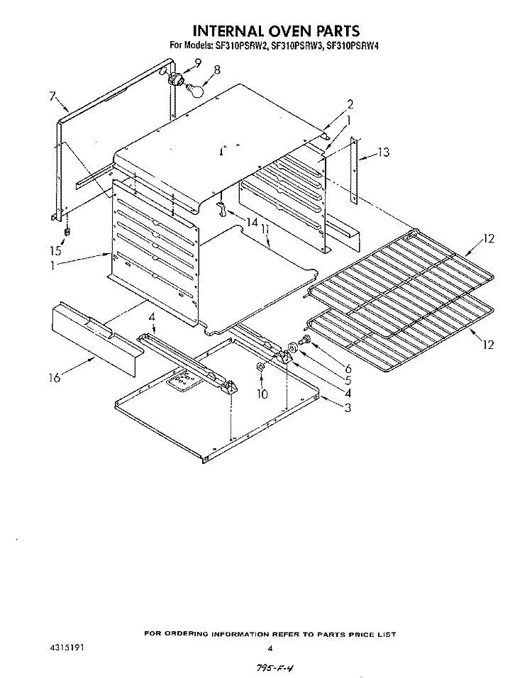INTERNAL OVEN Diagram and Parts List for SF310PSRW4  Whirlpool Range
