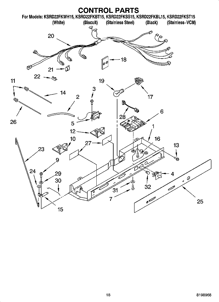 CONTROL PARTS Diagram and Parts List for KSRD22FKBL15  KitchenAid Refrigerator