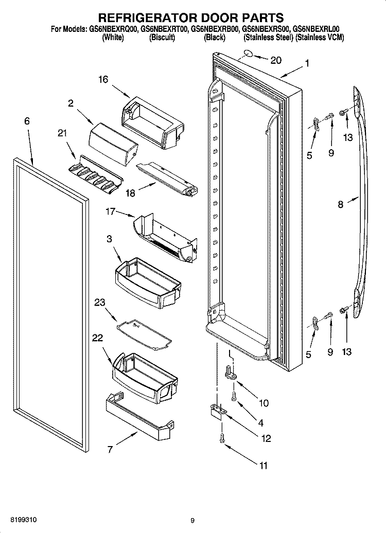 REFRIGERATOR DOOR PARTS Diagram and Parts List for GS6NBEXRT00  Whirlpool Refrigerator