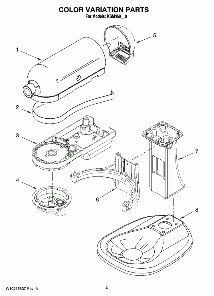 COLOR VARIATION PARTS Diagram and Parts List for KSM450BK0  KitchenAid Mixer
