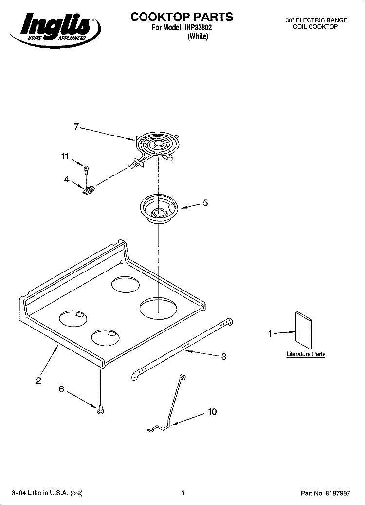 COOKTOP PARTS Diagram and Parts List for IHP33802  Inglis Range