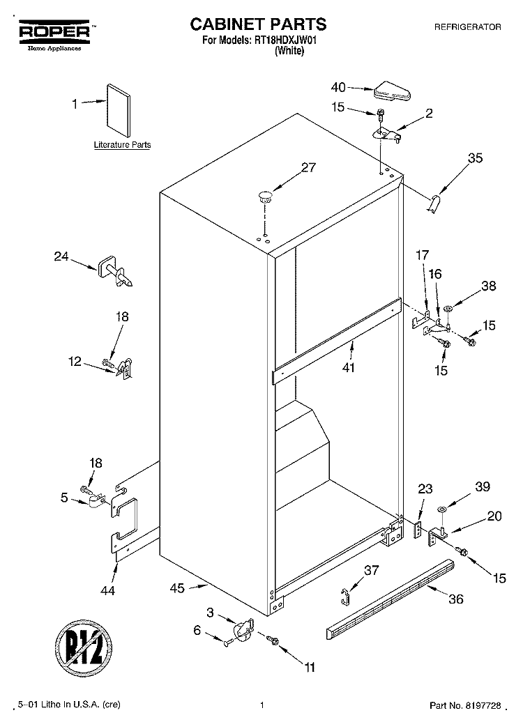 CABINET, LITERATURE Diagram and Parts List for RT18HDXJW01  Roper Refrigerator