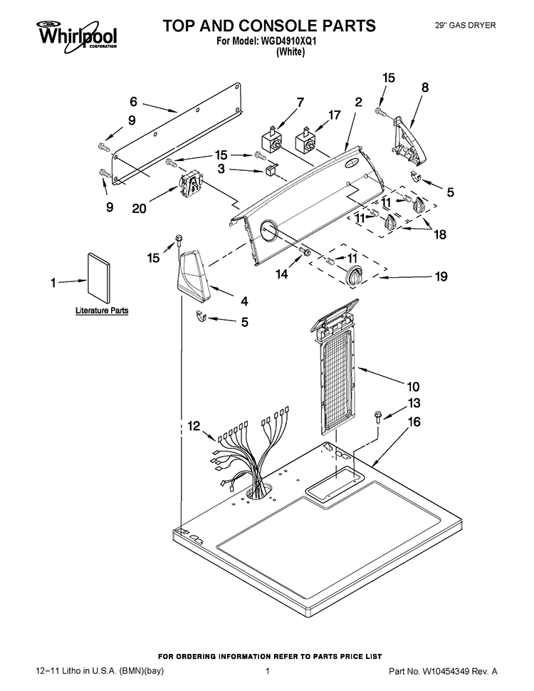 TOP AND CONSOLE PARTS Diagram and Parts List for WGD4910XQ1  Whirlpool Dryer