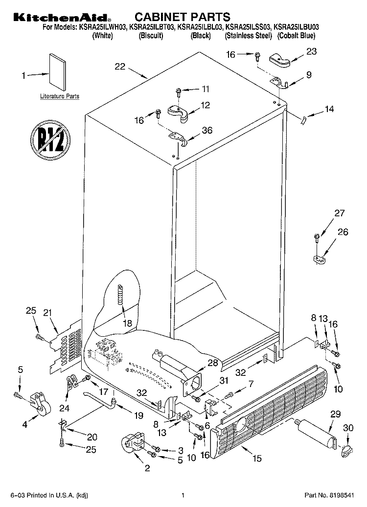 CABINET PARTS Diagram and Parts List for KSRA25ILBT03  KitchenAid Refrigerator