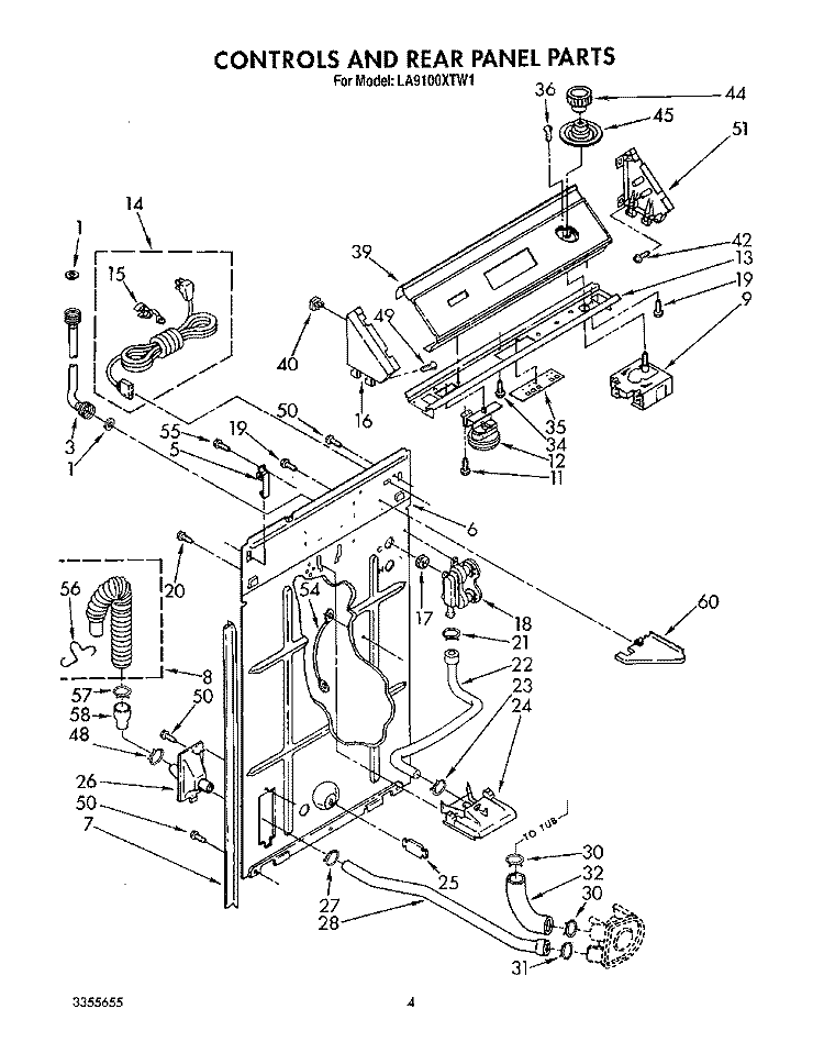 CONTROLS AND REAR PANEL Diagram and Parts List for LA9100XTF1  Whirlpool Washer