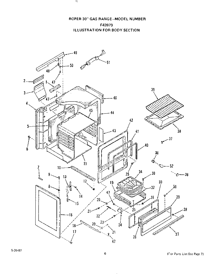 BODY Diagram and Parts List for F4397W0  Roper Range