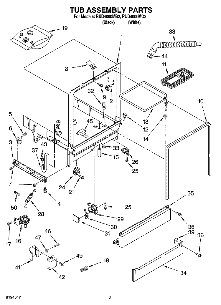 TUB ASSEMBLY PARTS Diagram and Parts List for RUD4000MQ2  Roper Dishwasher