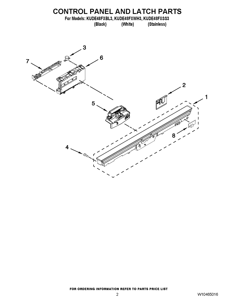 CONTROL PANEL AND LATCH PARTS Diagram and Parts List for KUDE48FXWH3  KitchenAid Dishwasher