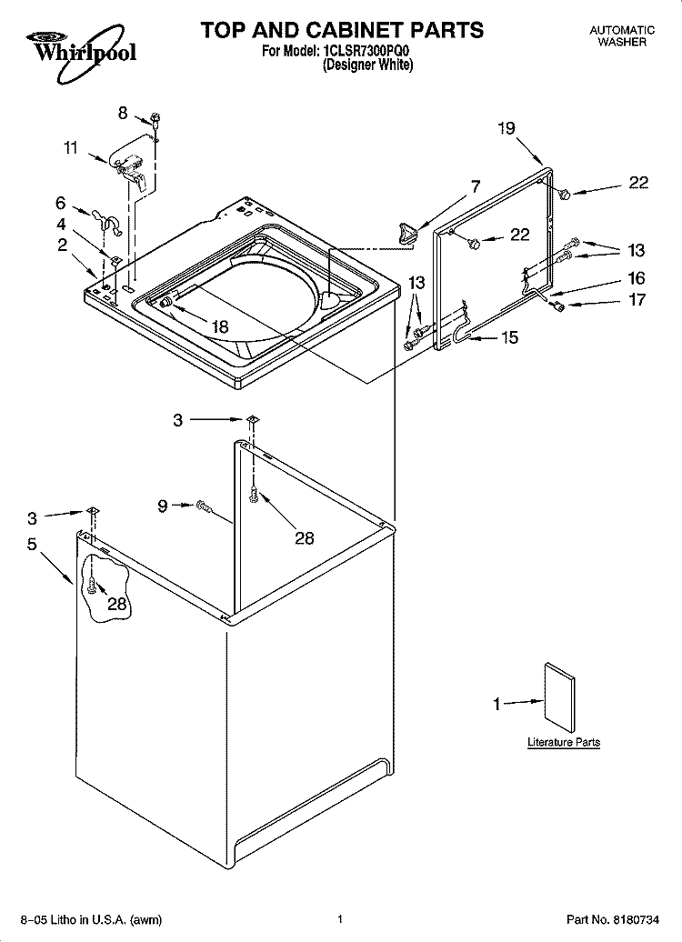 TOP AND CABINET PARTS Diagram and Parts List for 1CLSR7300PQ0  Whirlpool Washer