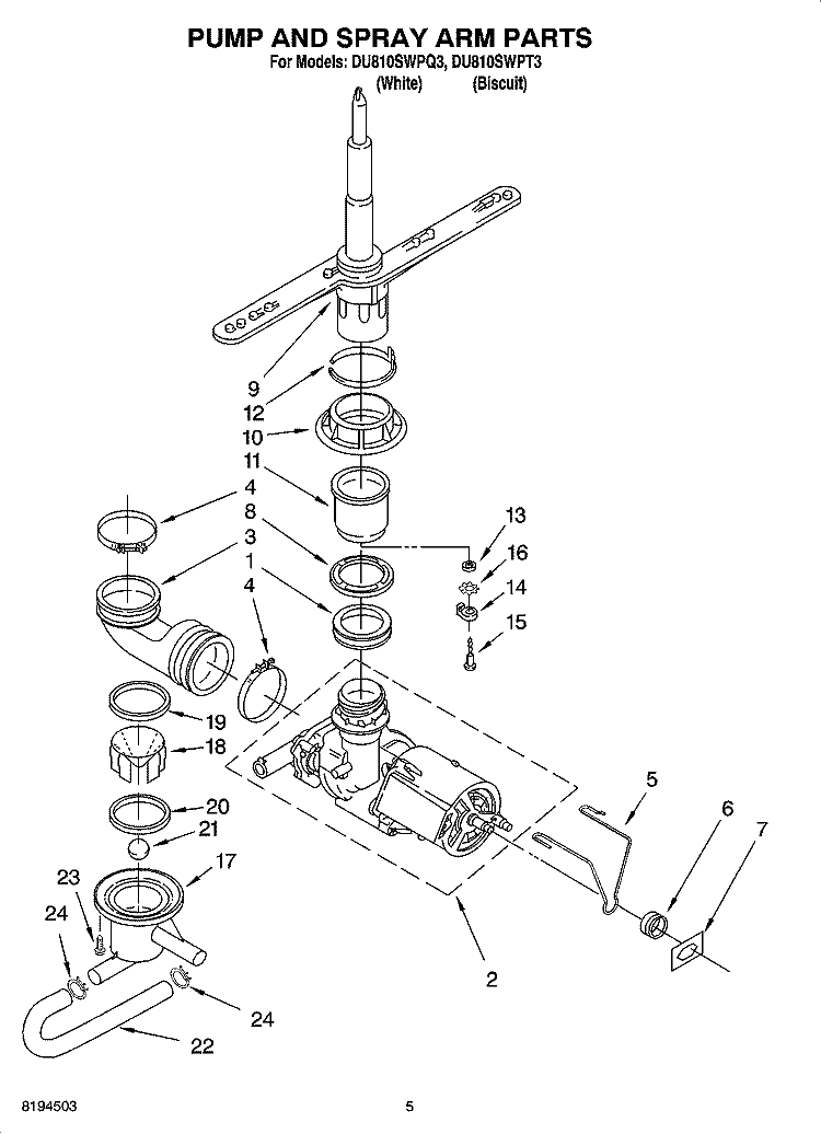 PUMP AND SPRAY ARM PARTS Diagram and Parts List for DU810SWPT3  Whirlpool Dishwasher