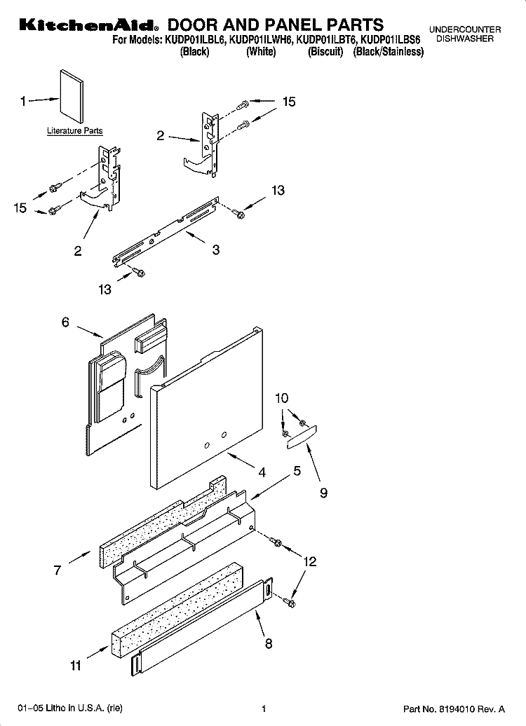 DOOR AND PANEL PARTS Diagram and Parts List for KUDP01ILWH6  KitchenAid Dishwasher