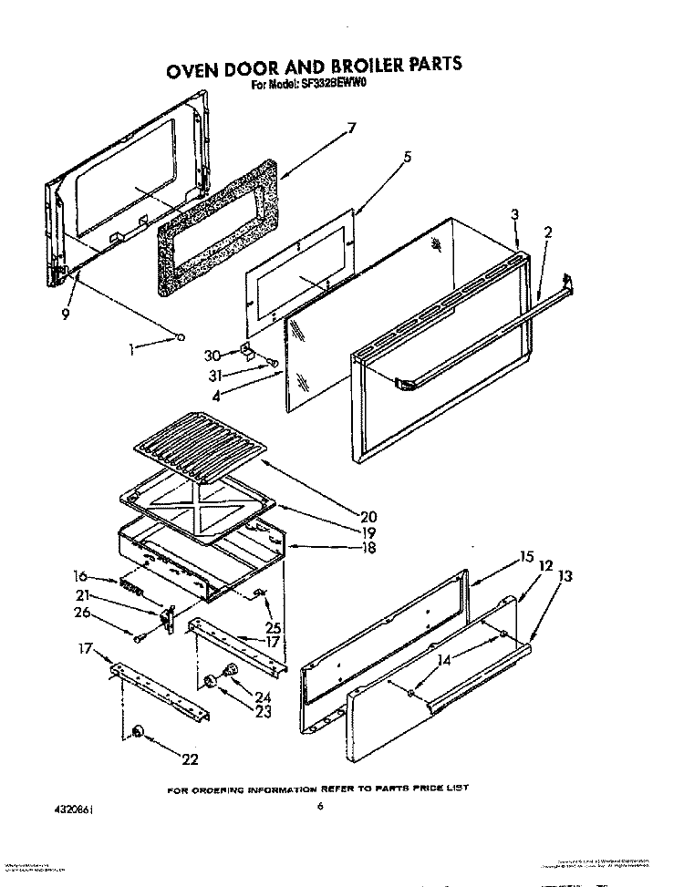 OVEN DOOR AND BROILER Diagram and Parts List for SF332BEWN0  Whirlpool Range