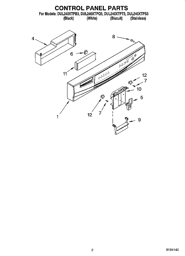 CONTROL PANEL PARTS Diagram and Parts List for DUL240XTPB3  Whirlpool Dishwasher