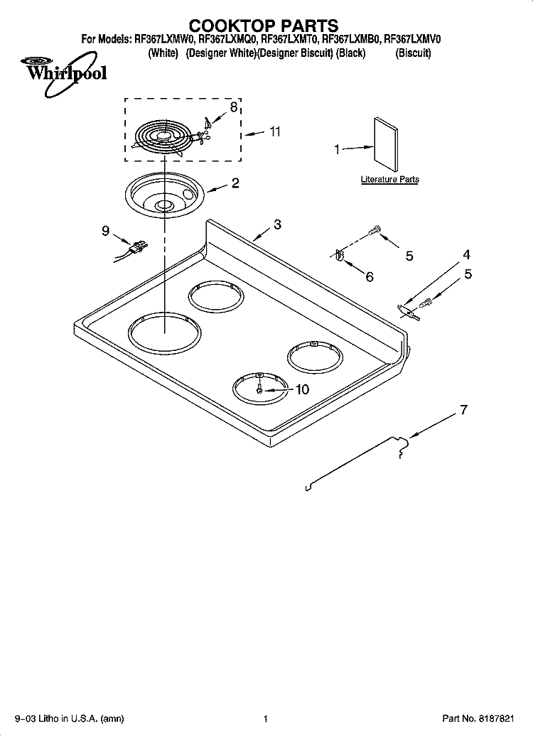 COOKTOP PARTS Diagram and Parts List for RF367LXMB0  Whirlpool Range
