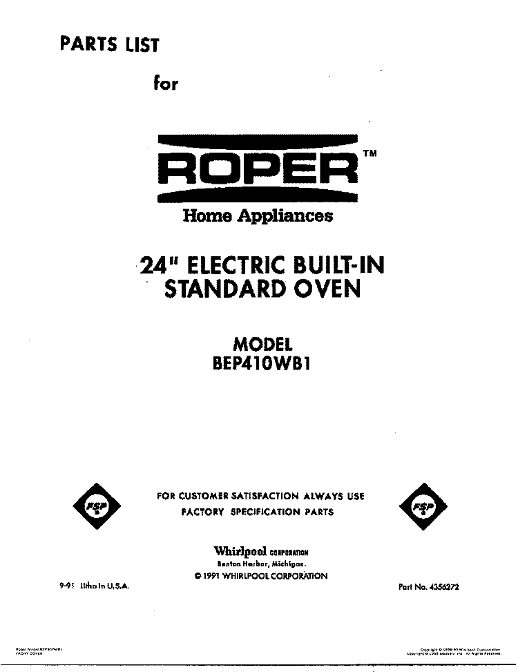 COVER Diagram and Parts List for BEP410WB1  Roper Range