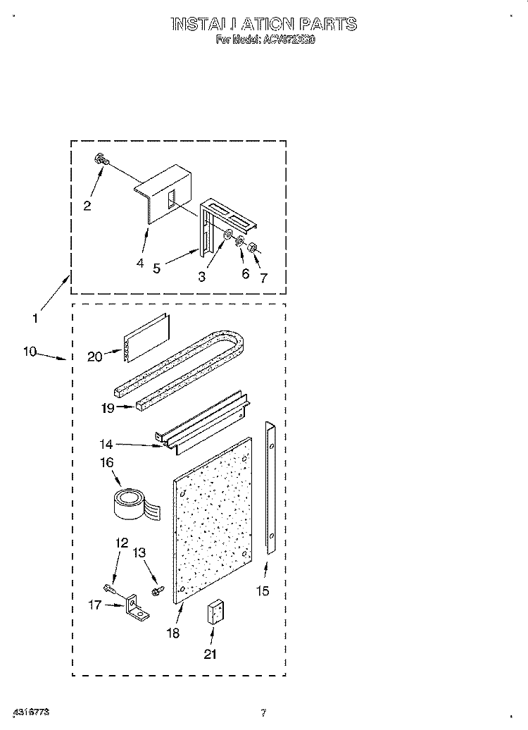 INSTALLATION Diagram and Parts List for ACV072XG0  Whirlpool Air Conditioner