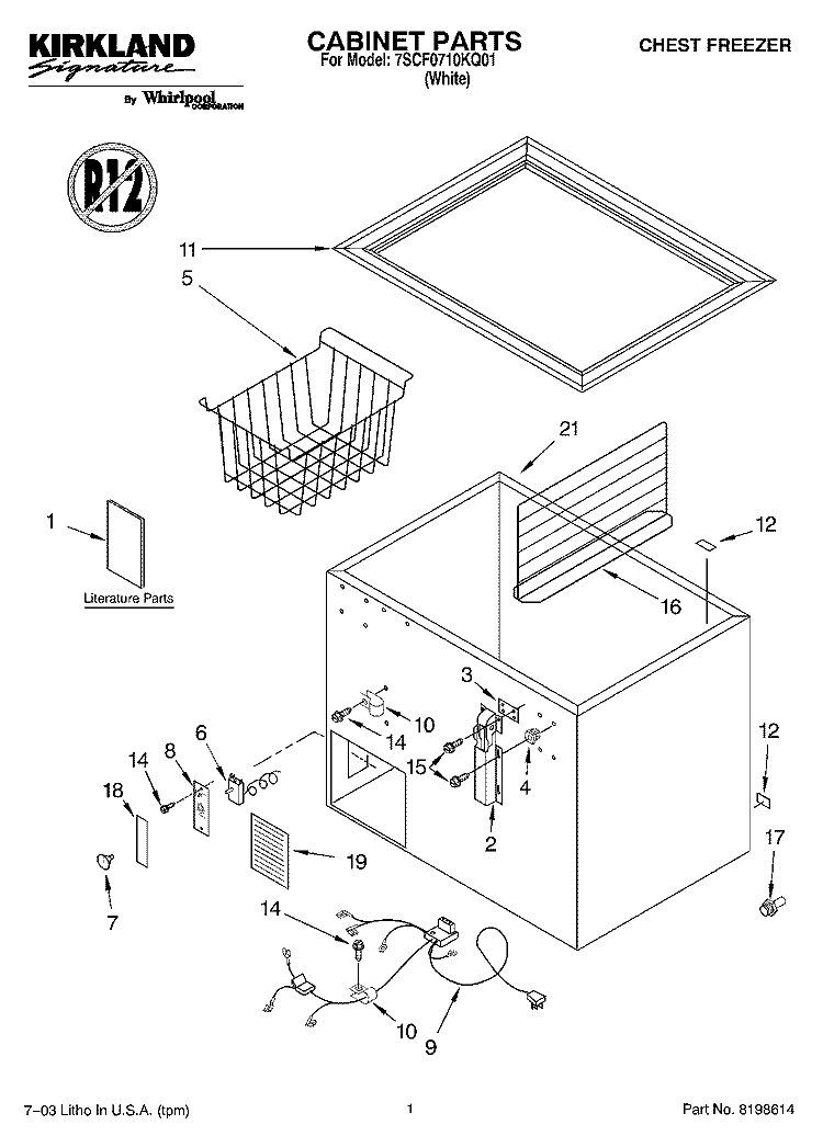 CABINET PARTS Diagram and Parts List for 7SCF0710KQ01  Whirlpool Freezer