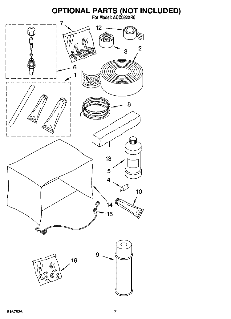 OPTIONAL  PARTS (NOT INCLUDED) Diagram and Parts List for ACC082XR0  Whirlpool Air Conditioner