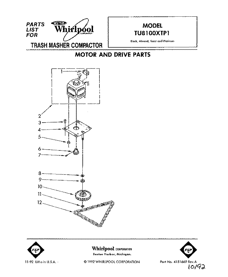 MOTOR AND DRIVE, LIT/OPTIONAL Diagram and Parts List for TU8100XTP1  Whirlpool Trash Compactor