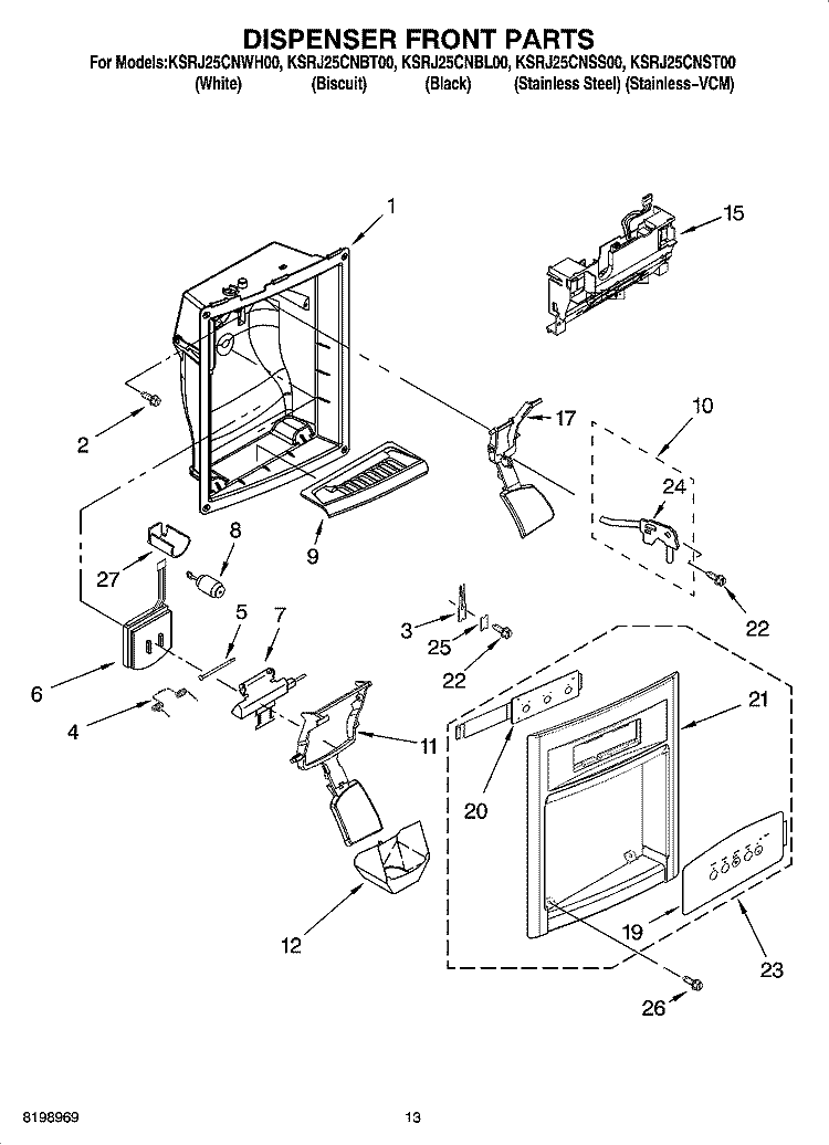 DISPENSER FRONT PARTS Diagram and Parts List for KSRJ25CNBT00  KitchenAid Refrigerator