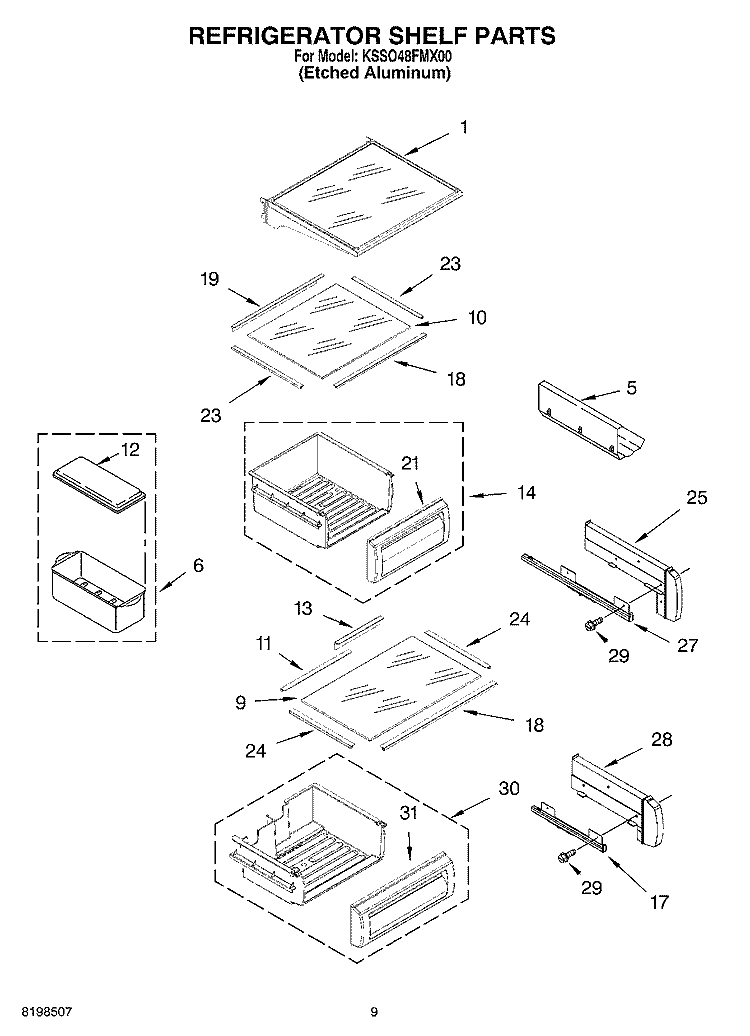 REFRIGERATOR SHELF PARTS Diagram and Parts List for KSSO48FMX00  KitchenAid Refrigerator