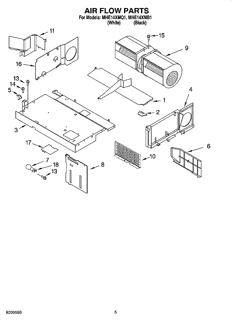 AIR FLOW PARTS Diagram and Parts List for MHE14XMB1  Roper Microwave