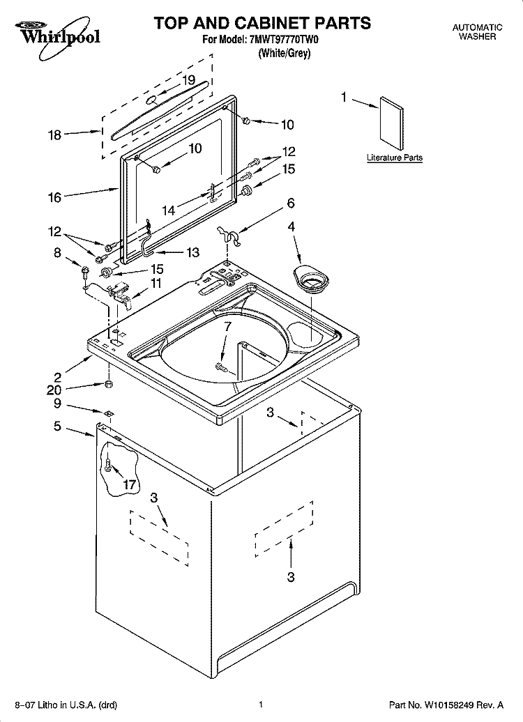 TOP AND CABINET PARTS Diagram and Parts List for 7MWT97770TW0  Whirlpool Washer