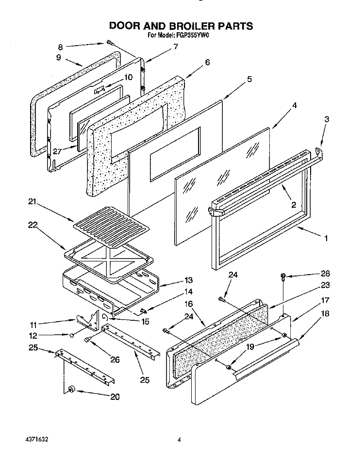 DOOR AND BROILER Diagram and Parts List for FGP355YW0  Roper Range