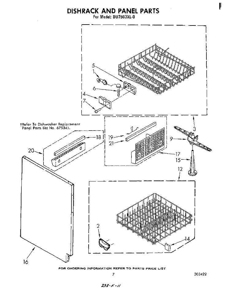 DISHRACK AND PANEL Diagram and Parts List for DU7503XL0  Whirlpool Dishwasher