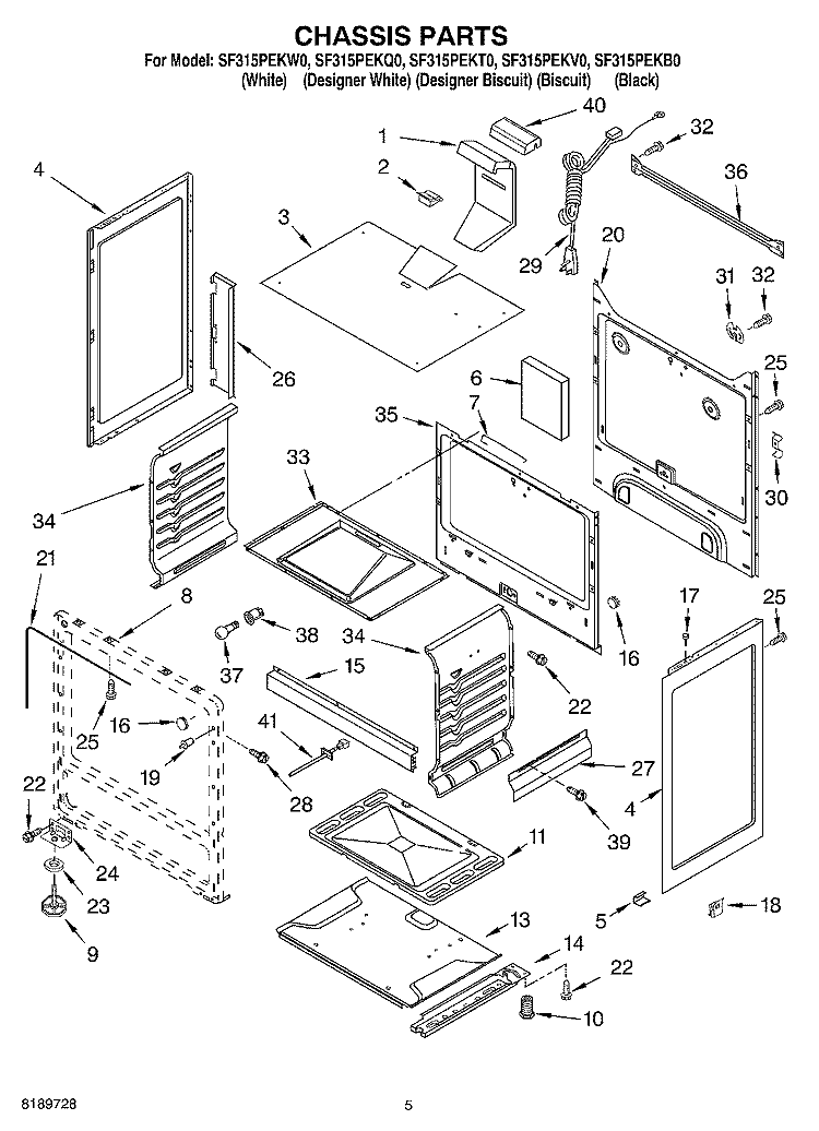 CHASSIS Diagram and Parts List for SF315PEKW0  Whirlpool Range