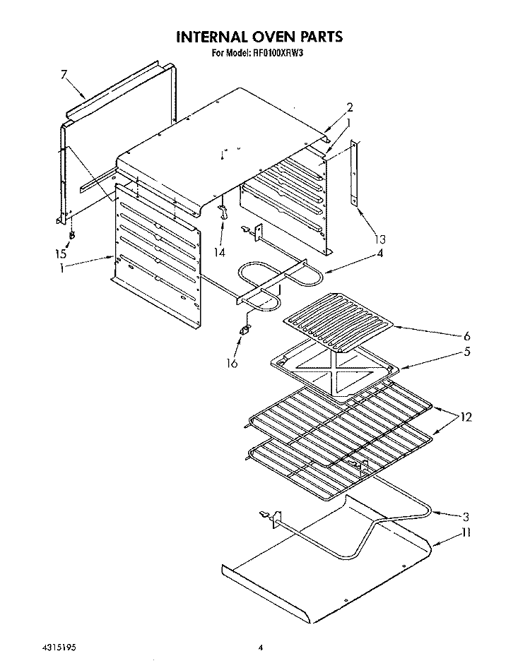 INTERNAL OVEN Diagram and Parts List for RF0100XRW3  Whirlpool Range