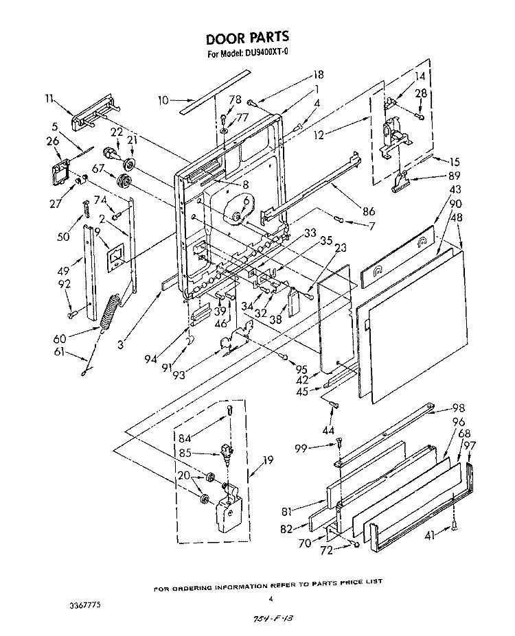 DOOR Diagram and Parts List for DU9400XT0  Whirlpool Dishwasher