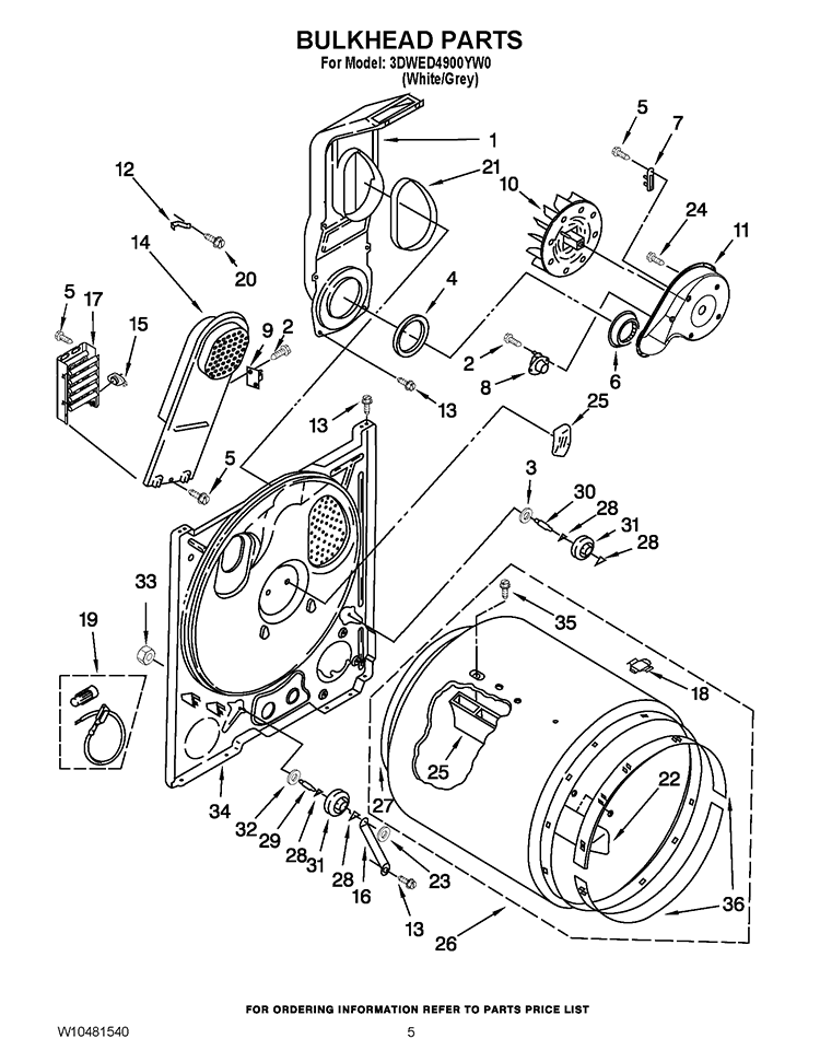 BULKHEAD PARTS Diagram and Parts List for 3DWED4900YW0  Whirlpool Dryer