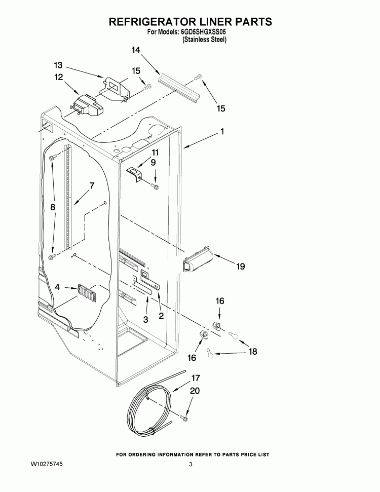 REFRIGERATOR LINER PARTS Diagram and Parts List for 6GD5SHGXSS05  Whirlpool Refrigerator