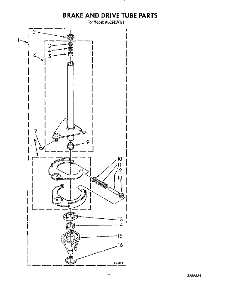 BRAKE AND DRIVE TUBE Diagram and Parts List for CAE2792KQ0  Whirlpool Washer
