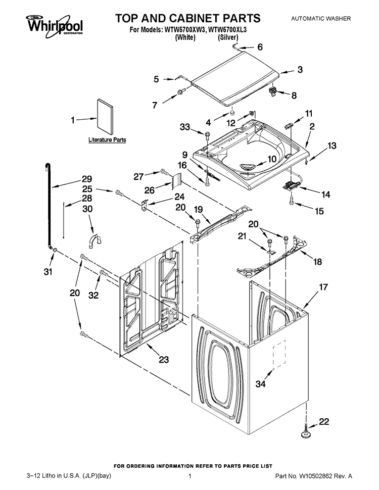 TOP AND CABINET PARTS Diagram and Parts List for WTW5700XL3  Whirlpool Washer
