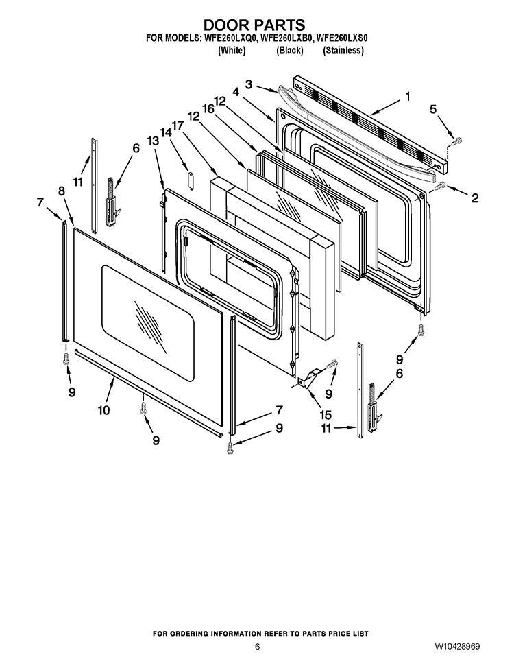 DOOR PARTS Diagram and Parts List for WFE260LXB0  Whirlpool Range