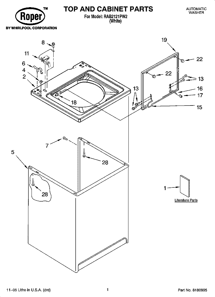TOP AND CABINET PARTS Diagram and Parts List for RAB2121PW2  Roper Washer
