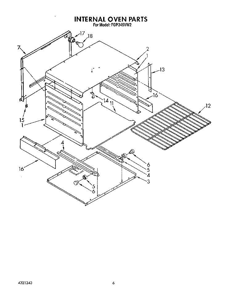 INTERNAL OVEN Diagram and Parts List for FGP345VW2  Roper Range
