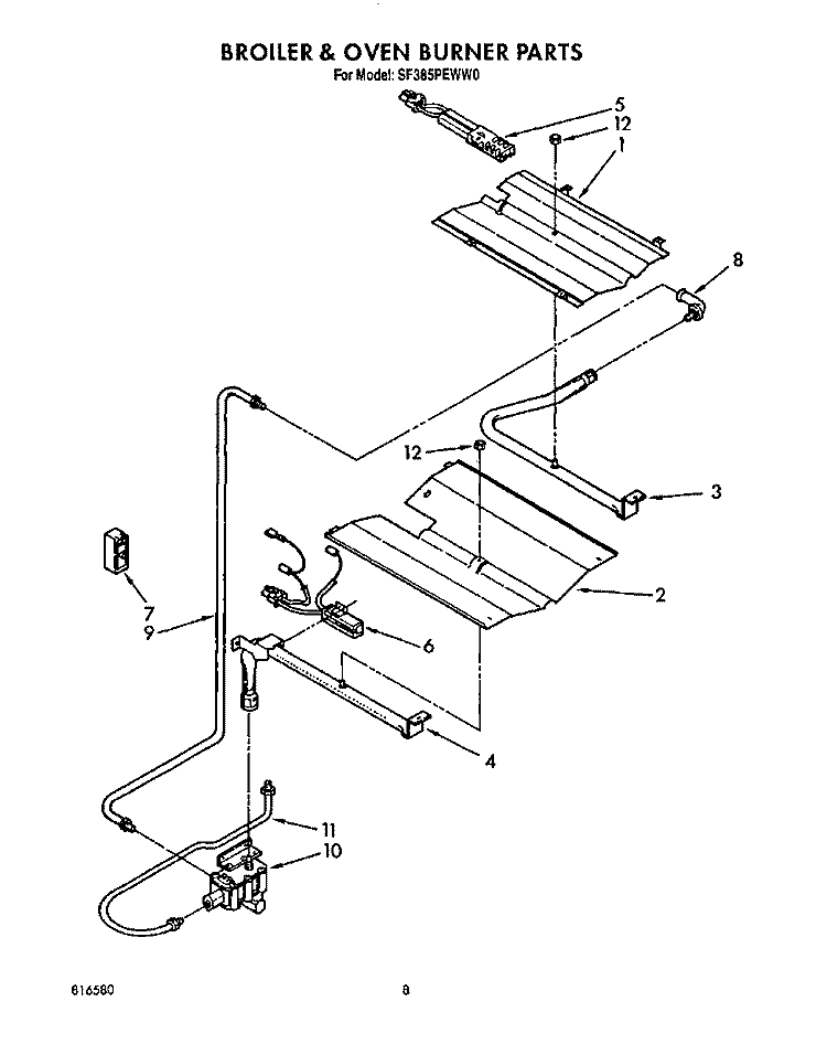 BROILER AND OVEN BURNER Diagram and Parts List for SF385PEWW0  Whirlpool Range