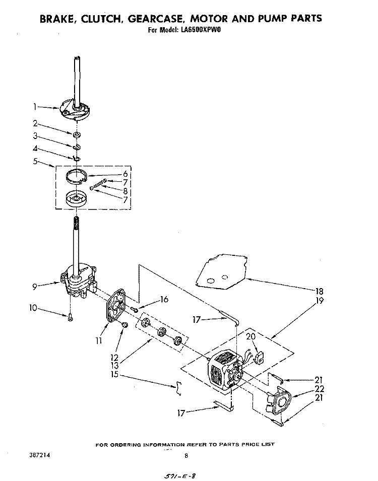 BRAKE, CLUTCH, GEARCASE, MOTOR AND PUMP Diagram and Parts List for LA6500XPW0  Whirlpool Washer