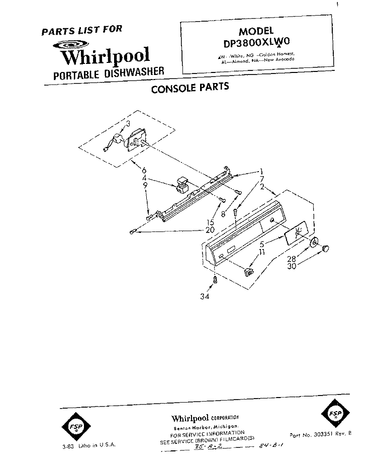 CONSOLE Diagram and Parts List for DP3800XLW0  Whirlpool Dishwasher