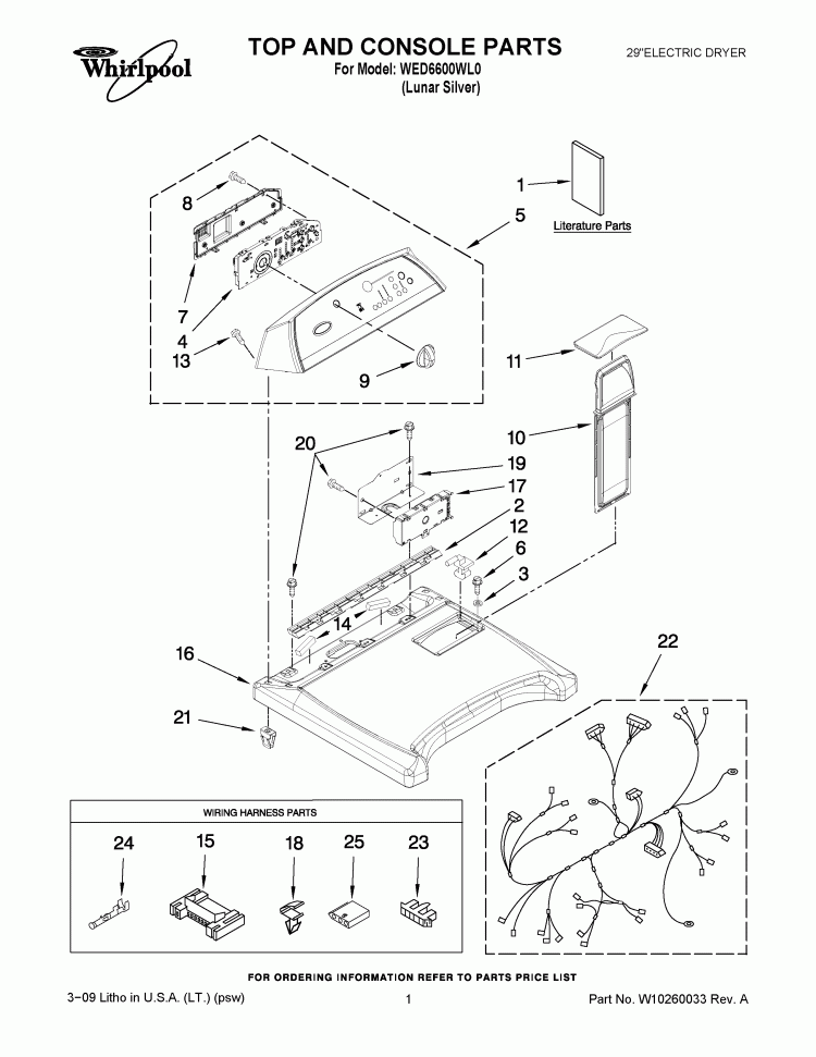 TOP AND CONSOLE PARTS Diagram and Parts List for WED6600WL0  Whirlpool Dryer