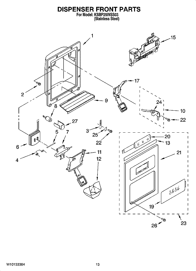 DISPENSER FRONT PARTS Diagram and Parts List for KSBP25INSS03  KitchenAid Refrigerator