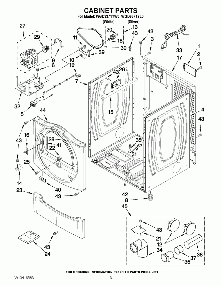 CABINET PARTS Diagram and Parts List for WGD9371YW0  Whirlpool Dryer