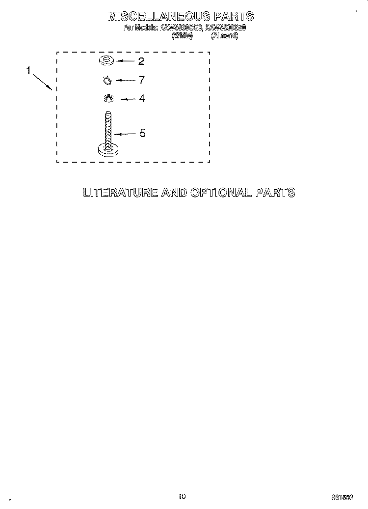 MISCELLANEOUS, LIT/OPTIONAL Diagram and Parts List for KAWS800GZ0  KitchenAid Washer