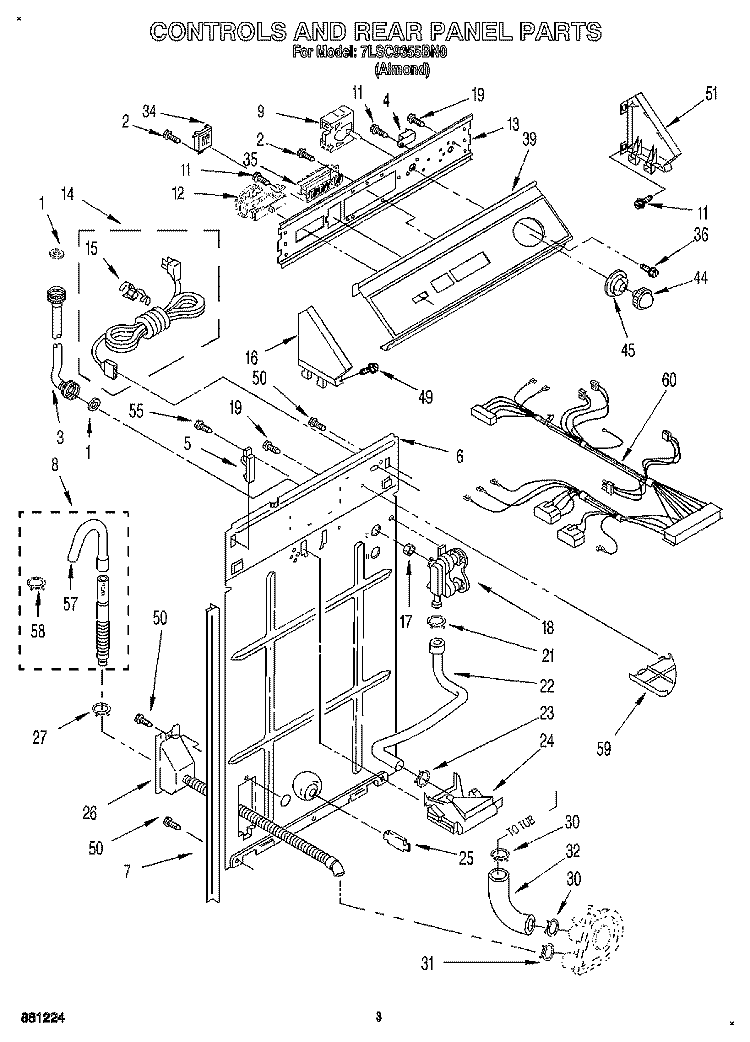CONTROLS AND REAR PANEL Diagram and Parts List for 7LSC9355BN0  Whirlpool Washer